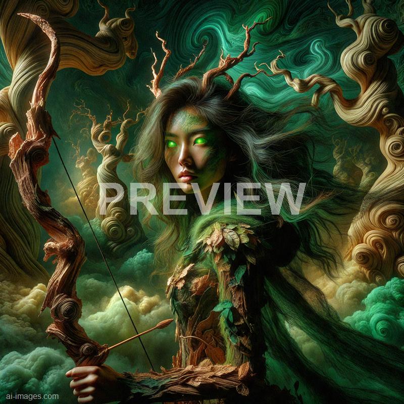 The image depicts a mystical female figure with glowing green eyes, surrounded by swirling, cloud-like green and brown hues. Her hair flows wildly, merging with the twisted, gnarled branches and trees that appear to be part of her body, creating an enchanted forest atmosphere. She holds a bow with an arrow, emphasizing her role as a guardian or archer of nature, with an intense and otherworldly presence.